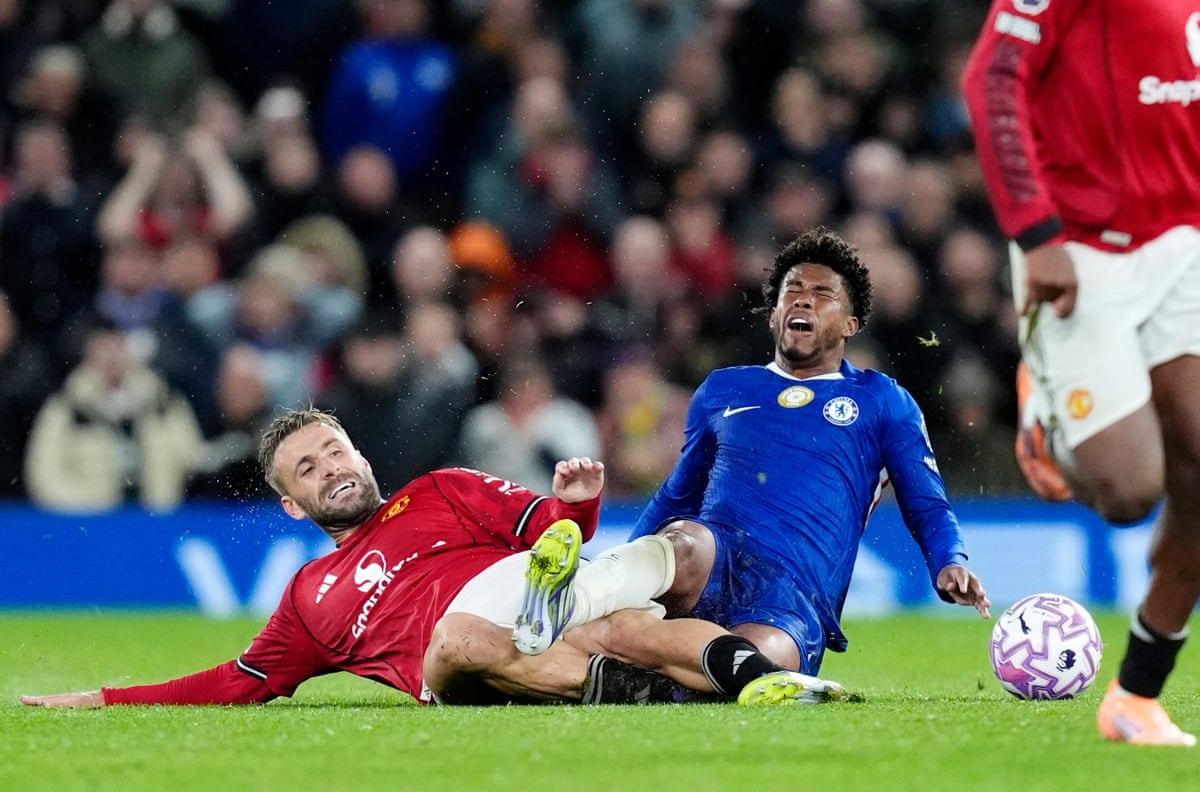 Andrey Santos is tackled by Manchester United’s Luke Shaw