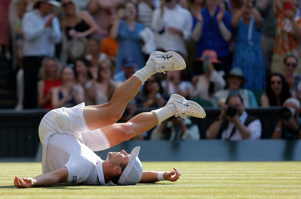 Fery collapses to the ground in a mixture of joy and relief at the end of the match