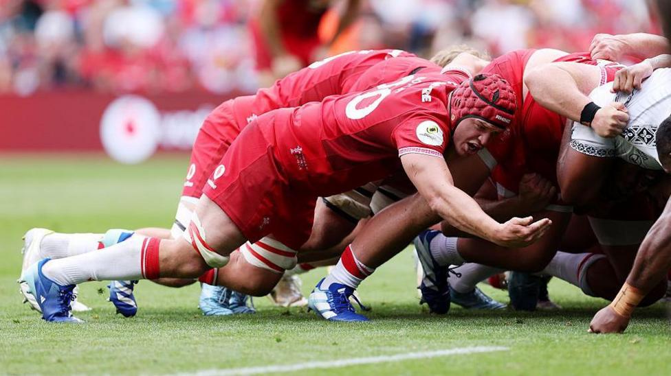 James Botham appeals for a penalty as Wales scrum against Fiji