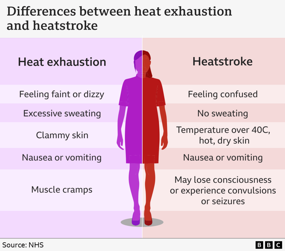 Graphic showing differences between heat exhaustion and heat stroke. Heat exhaustion: Feeling faint or dizzy, excessive sweating, clammy skin, nausea or vomiting and muscle cramps. Heatstroke: feeling confused, no sweating, temperature over 40c, hot, dry skin, nausea or vomiting, may lose consciousness or experience convulsions or seizures.
