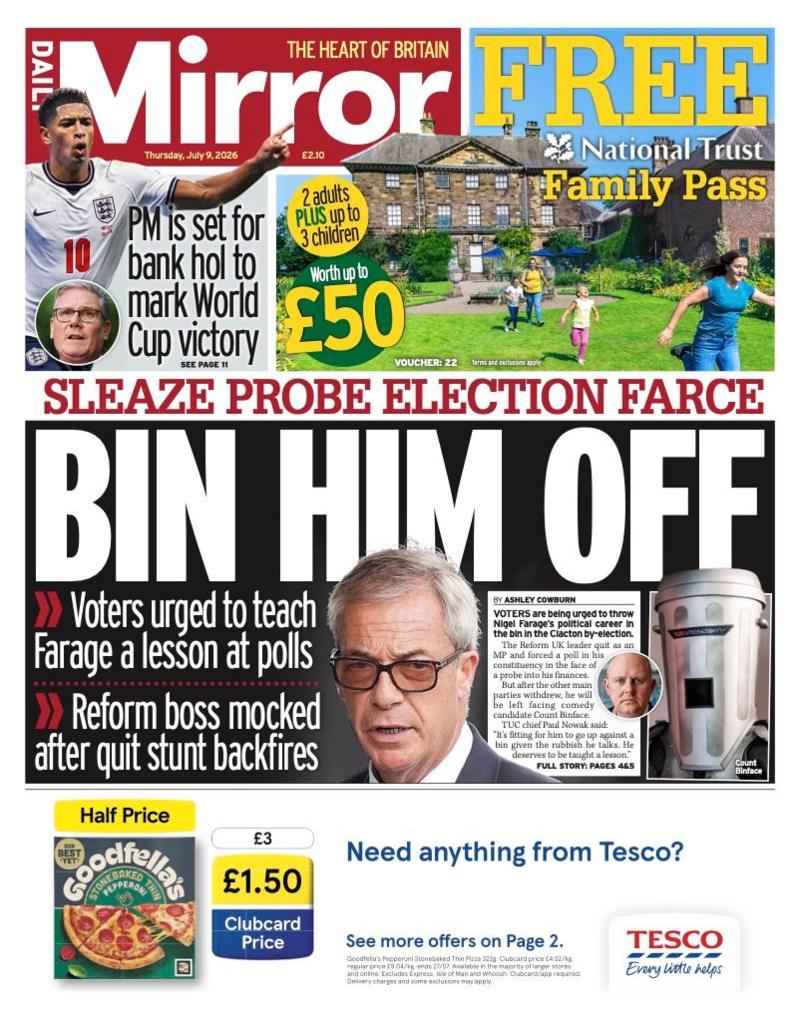The headline for the front page of the Daily Mirror reads: 'Bin him off.'