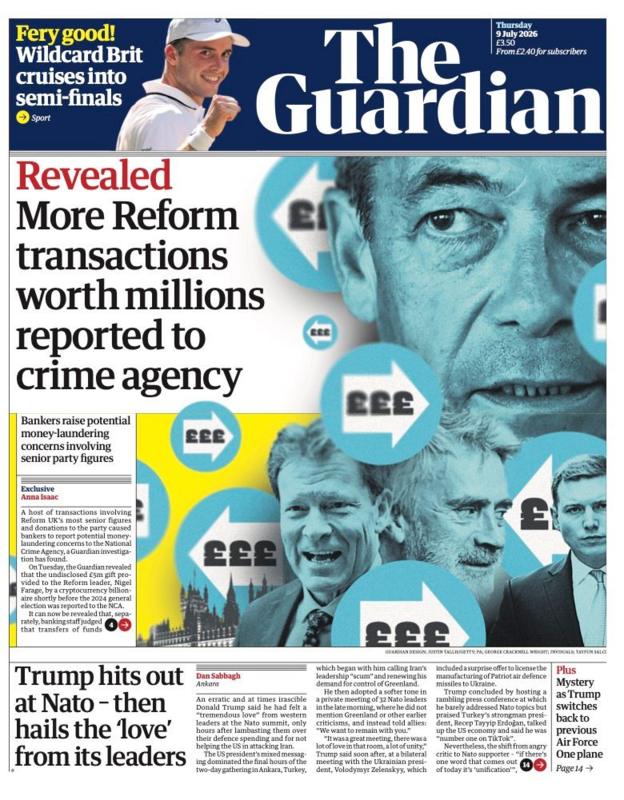The headline for the front page of reads: 'Revealed: More Reform transactions worth millions reported to crime agency.'