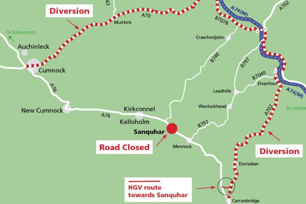 A map showing the diversion route around Sanquhar, off the A76 at Cumnock and back on near Carronbridge