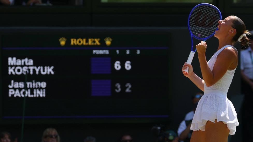 Marta Kostyuk celebrates victory over Jasmine Paolini