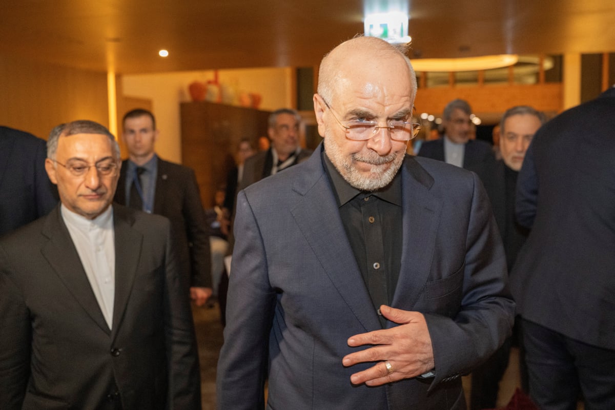 Mohammed Bagher Ghalibaf at the Bürgenstock resort in Obbuergen, near Lucerne, Switzerland, for the signing of the memorandum of understanding with the US.