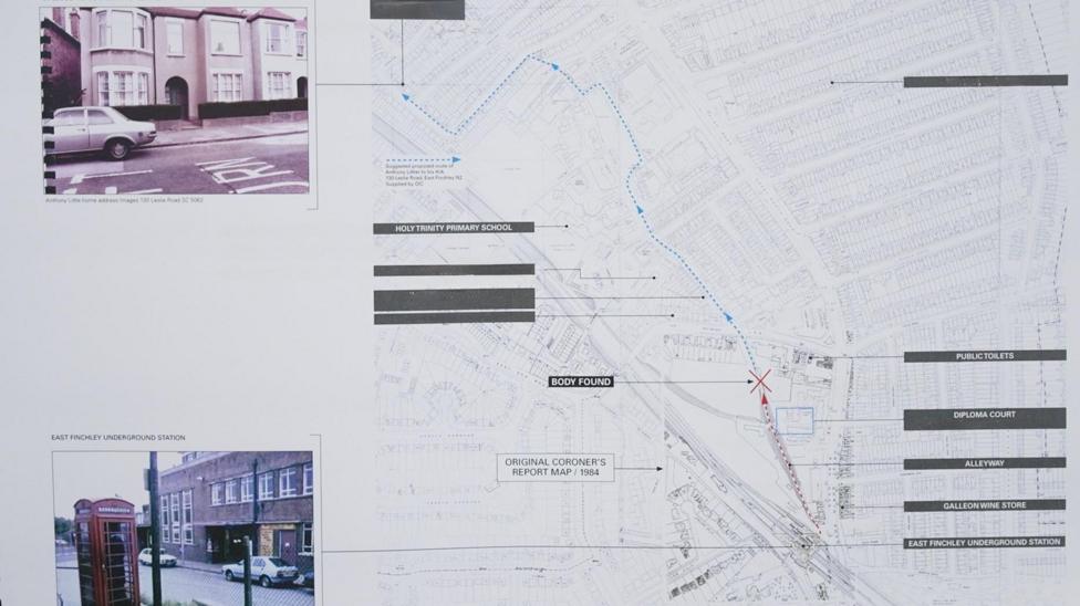 A hand-annotated 1984 Ordnance Survey map of the streets by the police around East Finchley Underground station. A marked point labelled