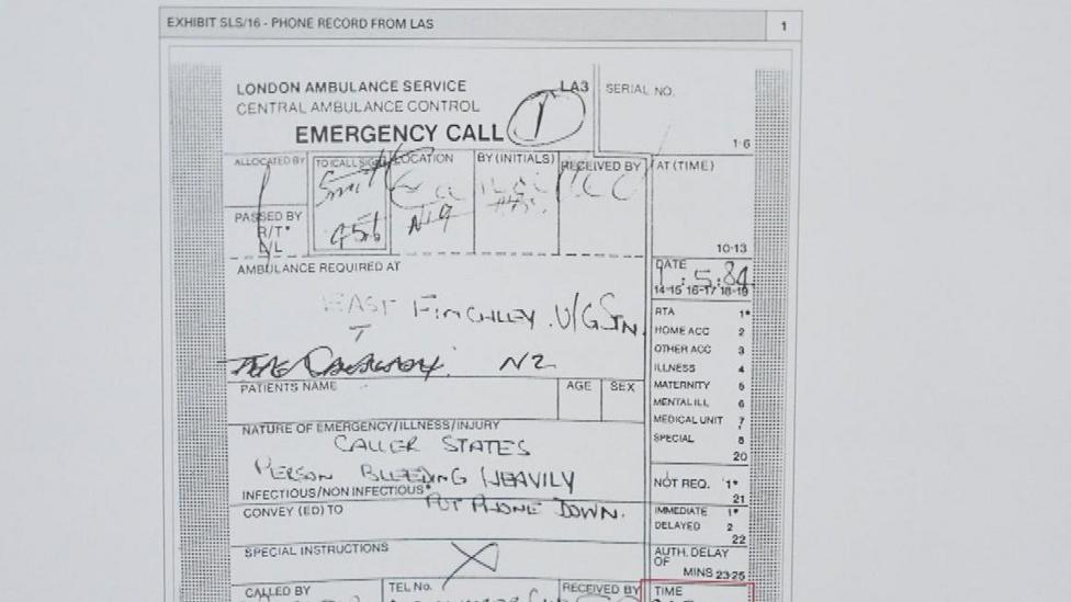 A handwritten London Ambulance Service emergency call form from 1984. It records the location as East Finchley station, the caller stating a person was