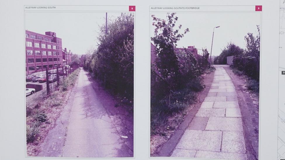 Two colour photographs from 1984 of a long, narrow paved footpath stretching into the distance, bordered on both sides by dense overgrown bushes and trees, with a lamppost and wire fencing to one side.