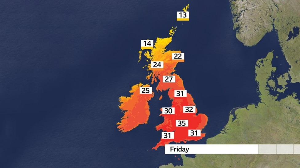 A UK weather map showing top temperatures in the UK on Friday