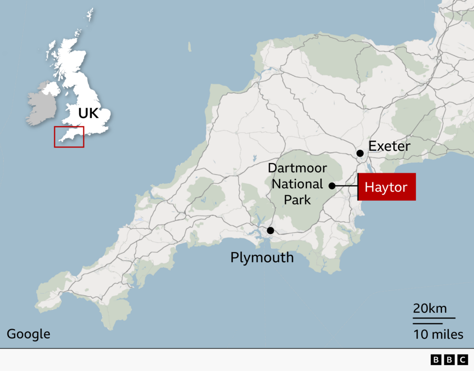 Locator map of Devon in south-west England. A red label marks Haytor on the eastern side of Dartmoor National Park. Nearby cities Exeter (to the north-east) and Plymouth (to the south-west) are marked. An inset map of the UK highlights the south-west peninsula where Devon is located