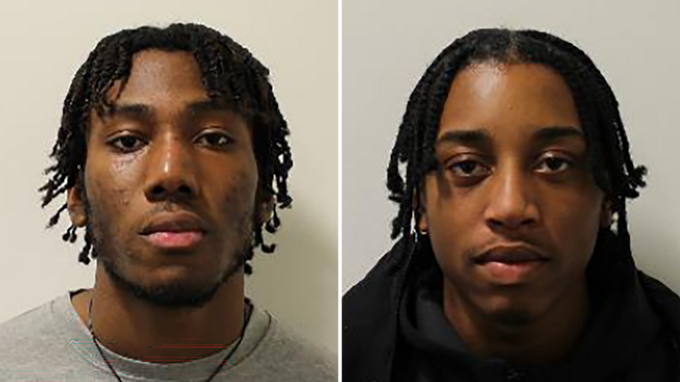 Emmanuel Popoola and Tayvon Etefia pictured side-by-side in police custody images. Emmanuel Popoola has plaited hair and wears a necklace and a grey top. Tayvon Etefia has plaited hair and wears a black top.