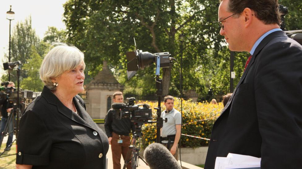 Ann Widdecombe giving a television interview near Parliament on June 22, 2009