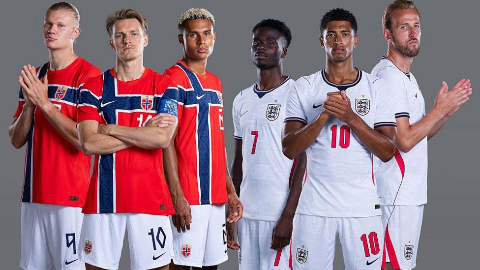 Three Norway players and three England players stand next to one another in full kit ahead of their game