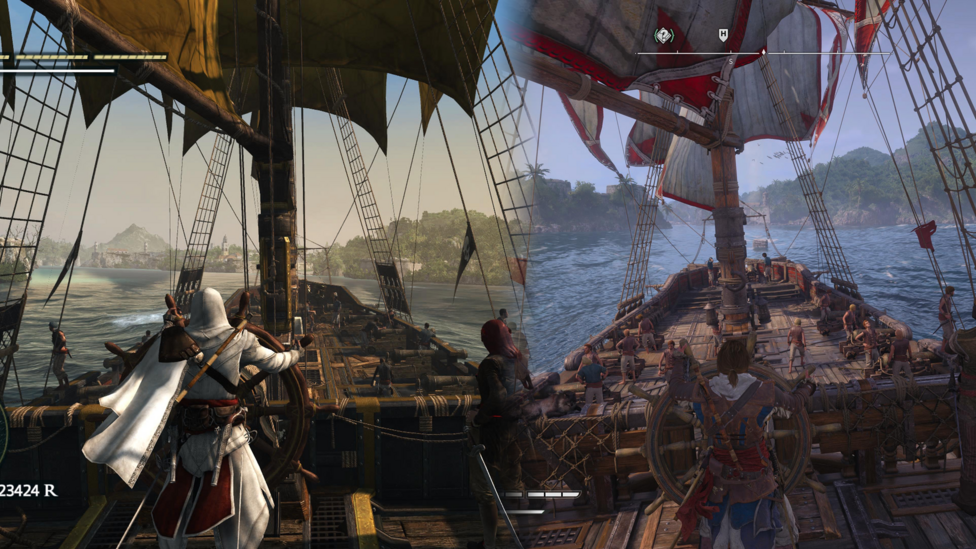 Two screenshots side-by-side show the main character steering a ship, as viewed from behind. On the left, the colours are browner and murkier. The graphics are less vibrant as it is the older game. Meanwhile on the right, it is much more vibrant.