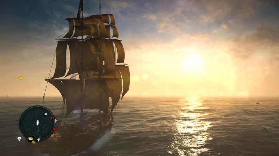 A screenshot of the original Black Flag game. We see a pirate ship with yellow sails sailing across an open ocean. The waves are fairly still and the horizon blends into the setting yellow sun. It looks stunning, yet dated.