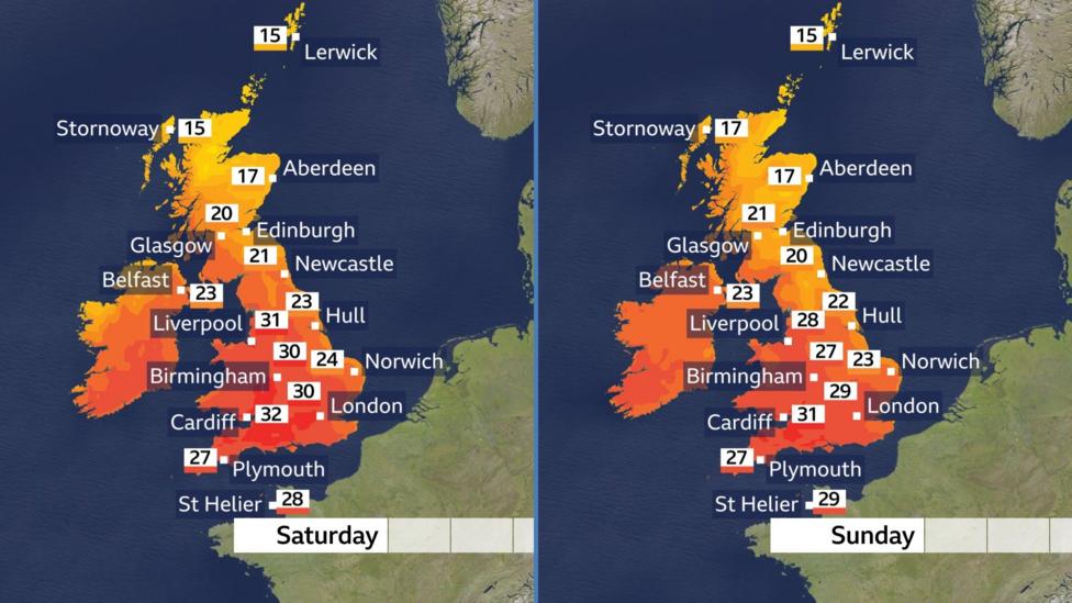 Two weather maps of the UK showing maximum temperatures peaking at 32C on Saturday and 31C on Sunday