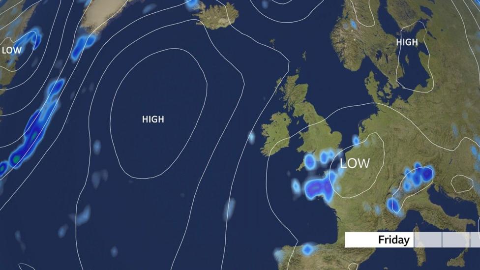 A weather map of the UK showing a low pressure system over the southern coasts on Friday