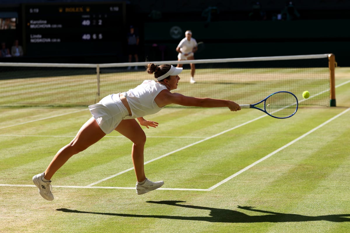 Linda Noskova stretches for a forehand off Karolina Muchova’s serve