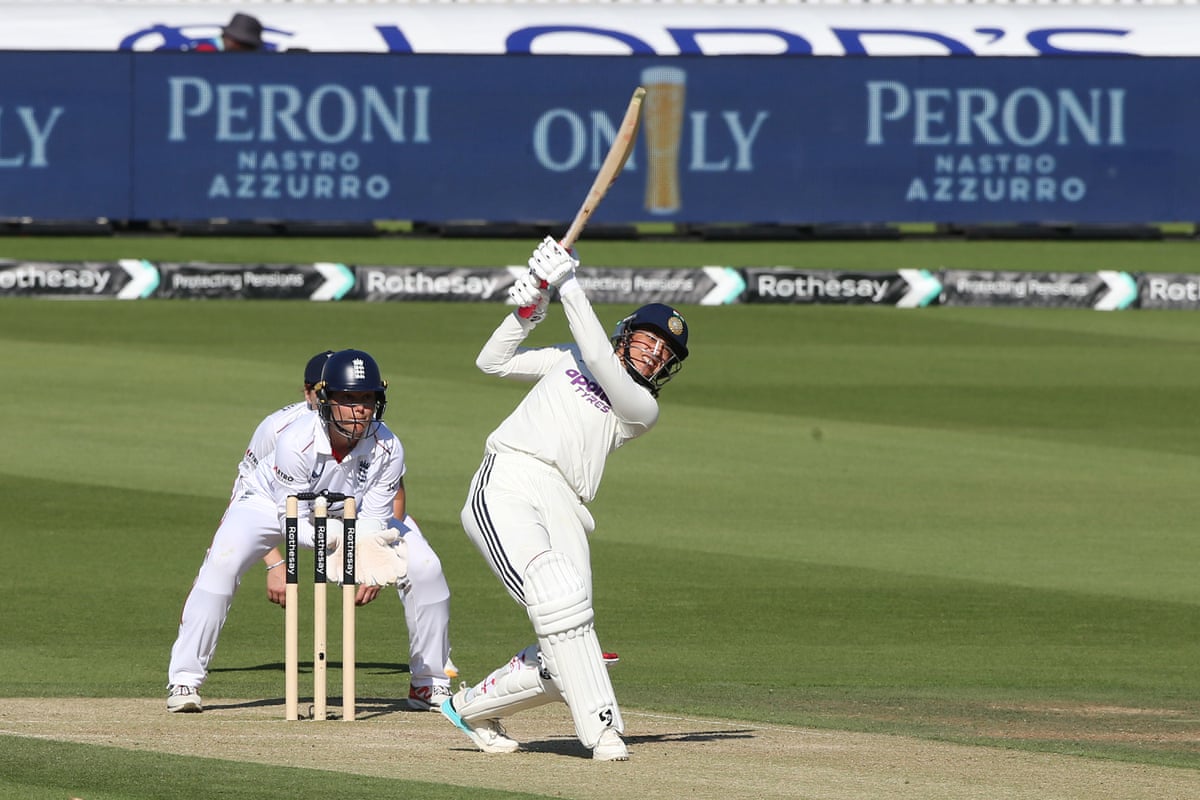 Smriti Mandhana lofts the ball for a six as India build a strong lead in their second innings