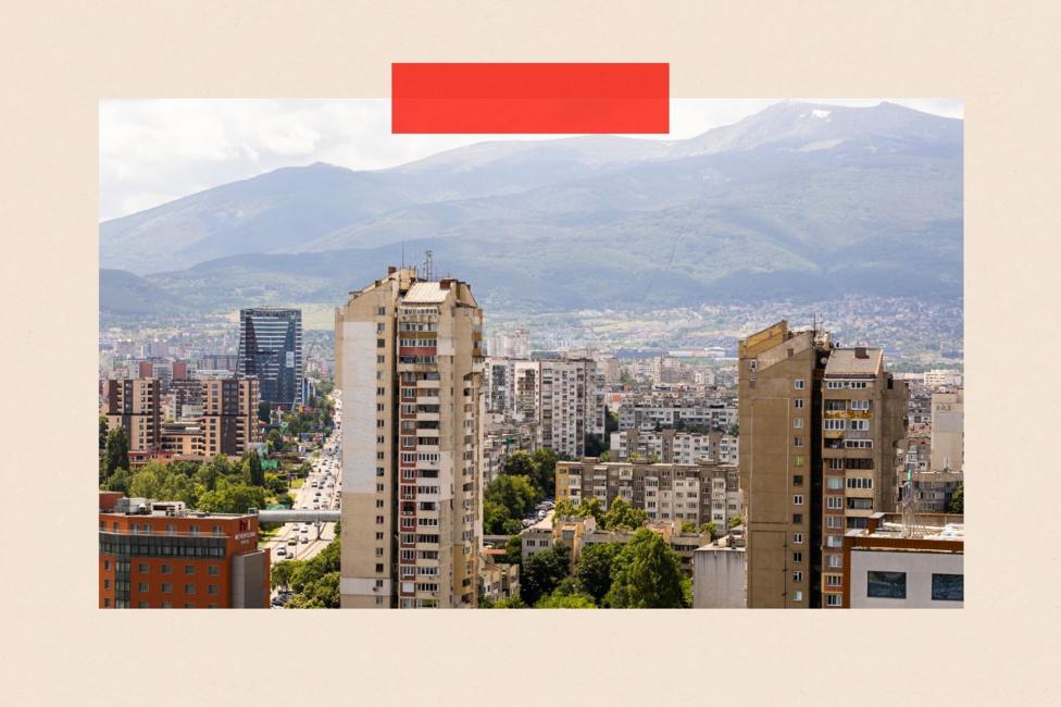 City landscape of Sofia, Bulgaria, featuring old panel buildings