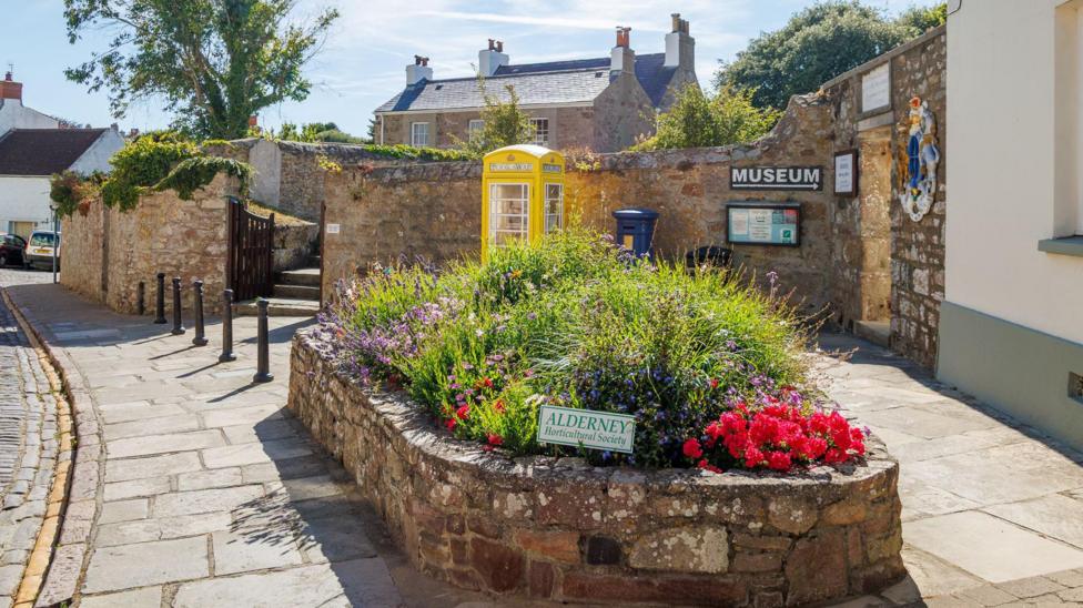 A stone flower bed blooming with greenery and colorful roses sitting in the middle of a stone area near a cobbled street and yellow phone box.