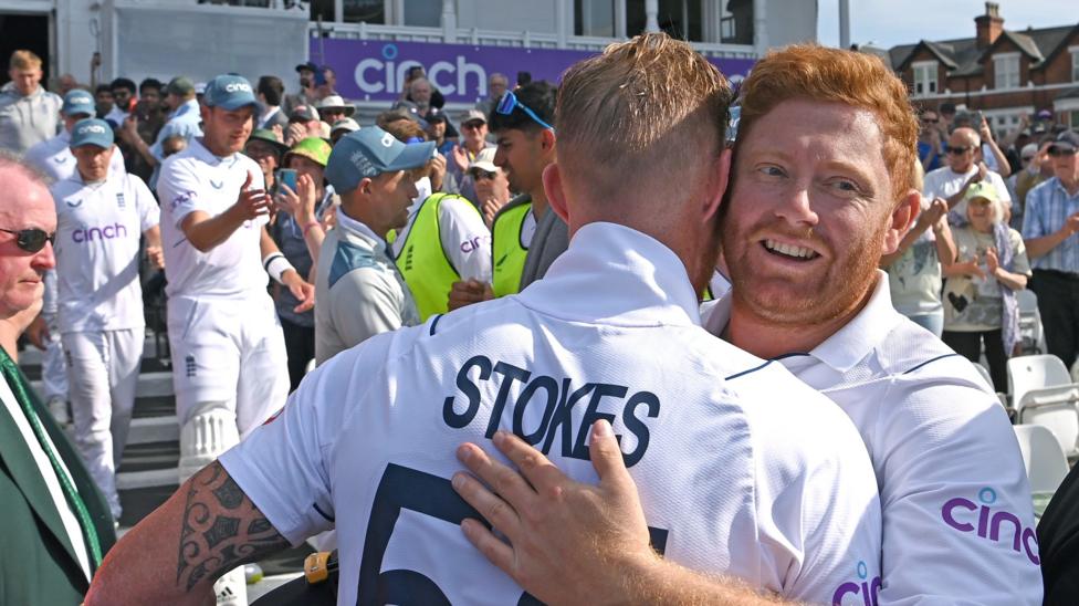 Jonny Bairstow and Ben Stokes embrace at Trent Bridge in 2022