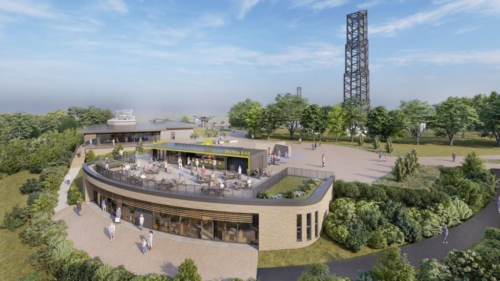 Artist impression of Kilvey Hill which shows the café which Skyline Enterprises plan to build as part of the project. Shrubs and trees can be seen surrounding the two story café which has roof top seating.