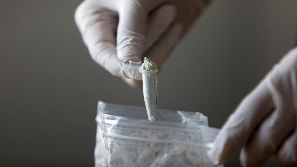 A gloved hand lifts a small scoop of greyish powder from a plastic bag.
