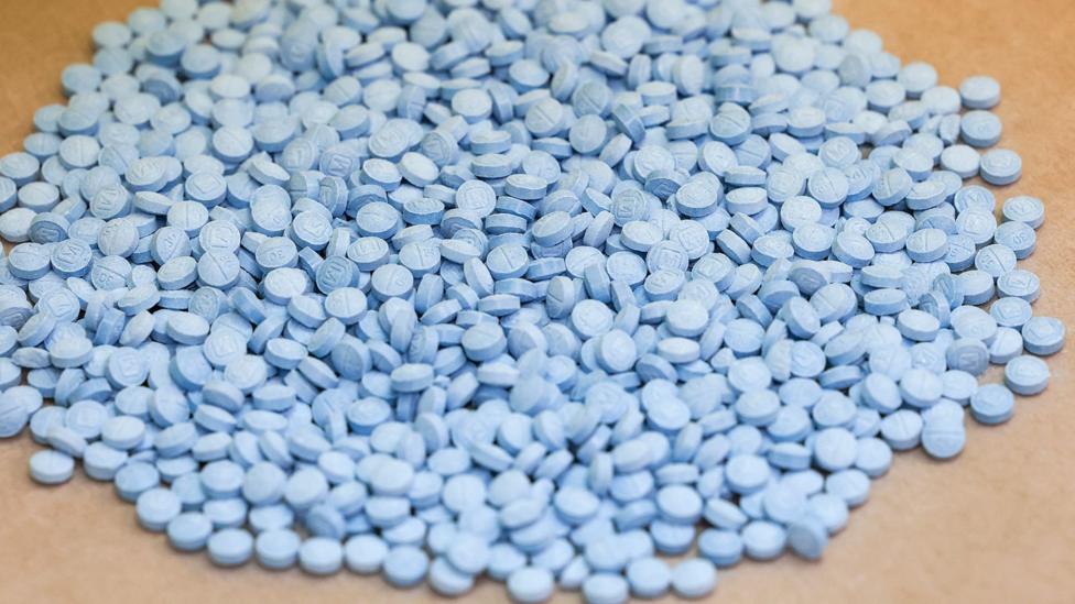 A large pile of small blue pills. 