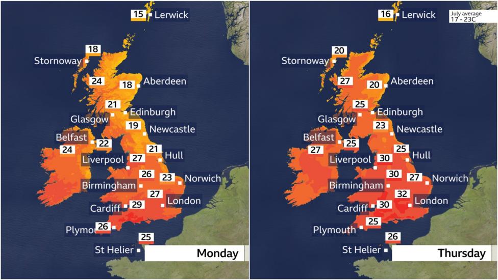 UK Temperature maps showing 18 to 29C on Monday and 20 to 32C on Thursday
