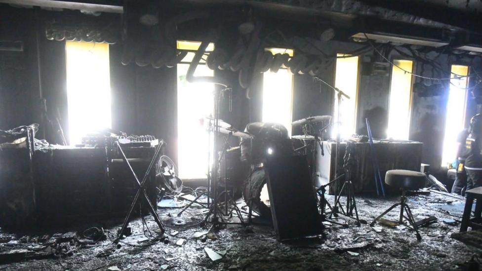 The stage setup and instruments at Rong Beer Na Lat Phrao badly charred by the fire