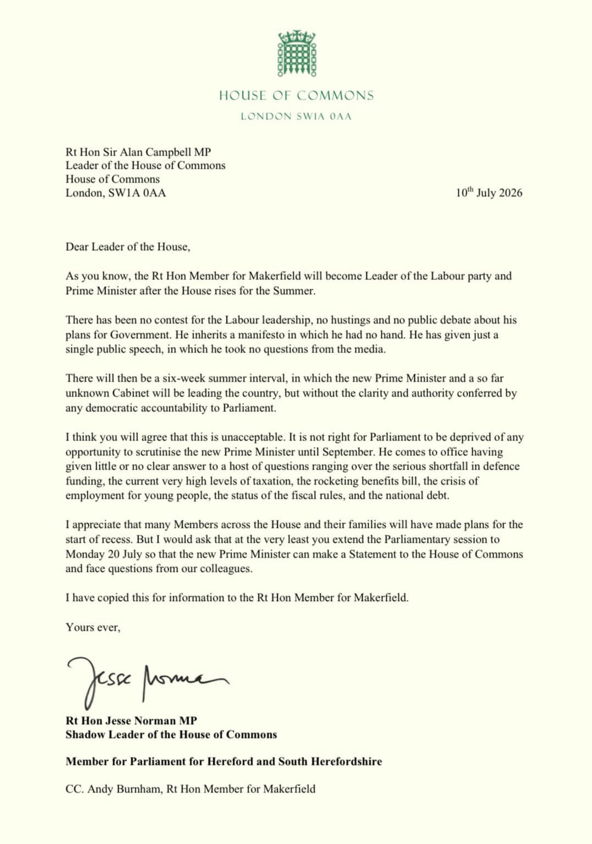 Letter asking for recess to be delayed