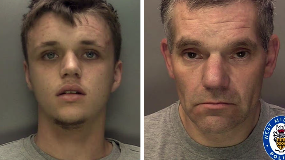 Police mugshots of two men wearing grey T-shirts, against grey backdrops. The man on the left is in his early 20s and has short brown hair and blue eyes. The man on the right is greying and has brown eyes.