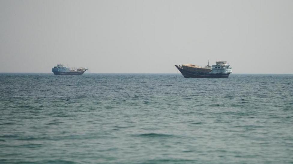 Vessels in the Strait of Hormuz, as seen from Oman's coast. Photo: 12 July 2026