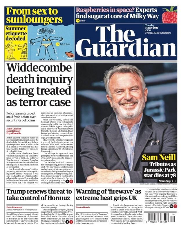 The headline on the front page of reads: “Widdecombe death inquiry being treated as terror case”.