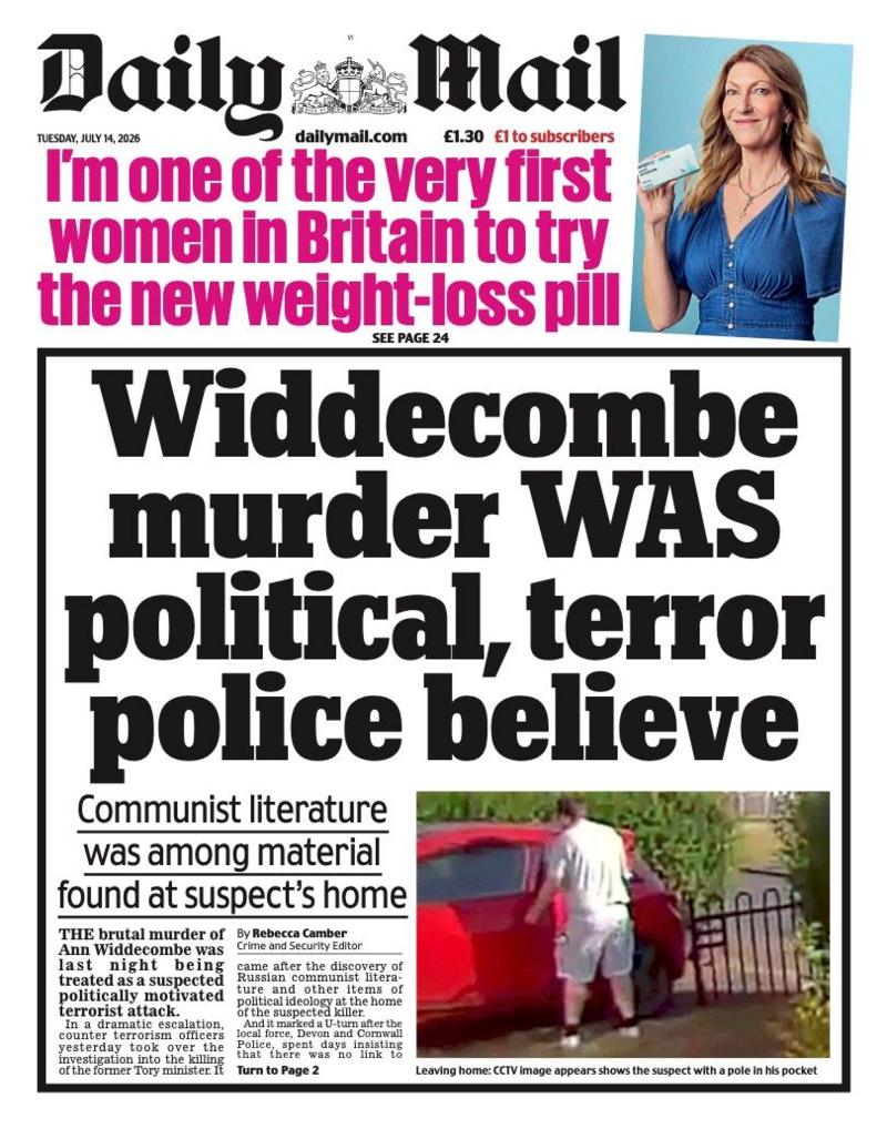 The headline on the front page of the Daily Mail reads: “Widdecombe murder was political, terror police believe”.