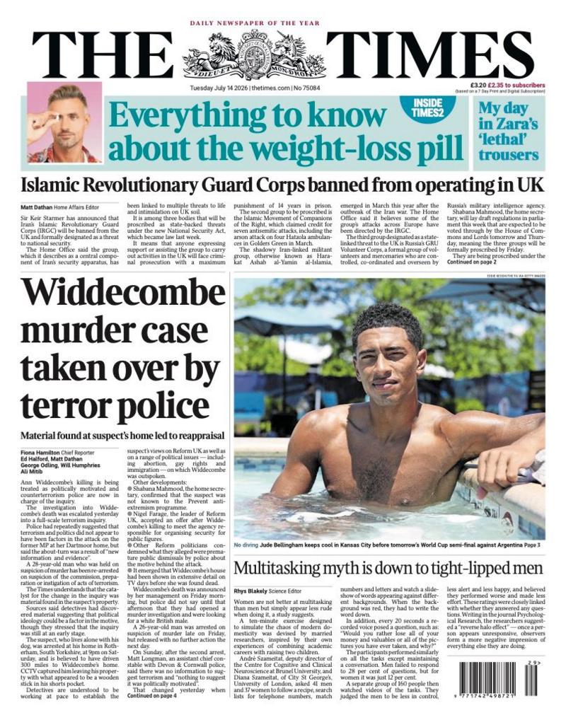 The headline on the front page of the Times reads: “Widdecombe murder case taken over by terror police”.