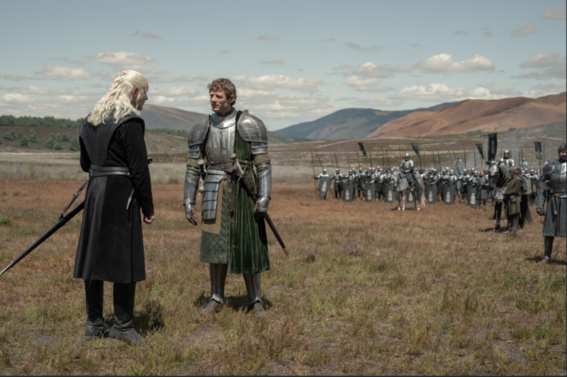 Two men square up for a sword fight 