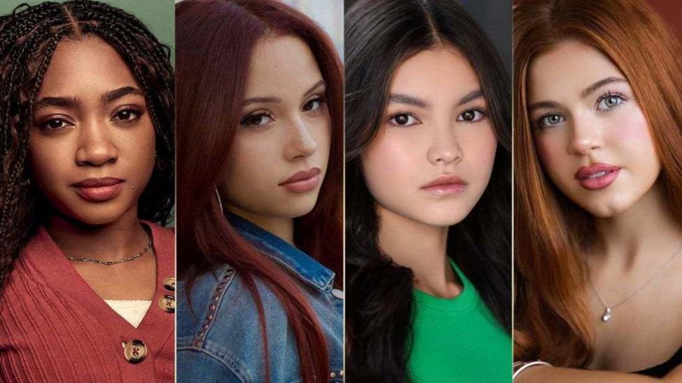 A composite image of four teenage girls. They are looking directly at the camera. Two have black hair, one has red hair and the other has ginger hair.