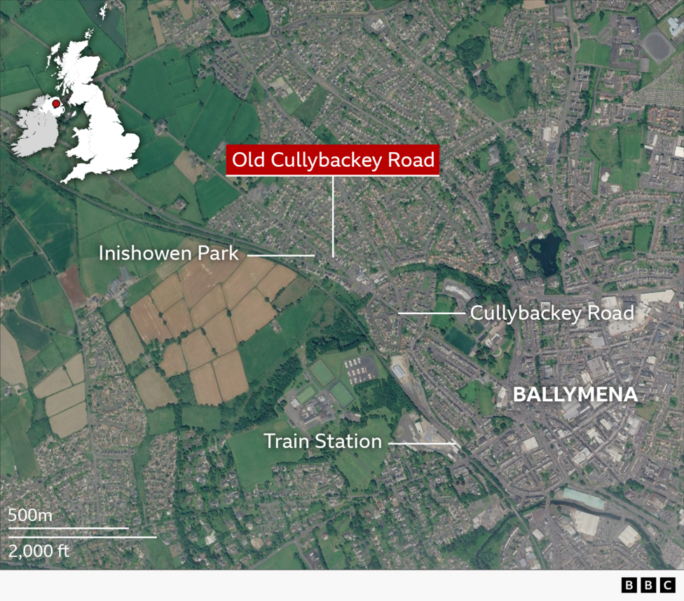 A map showing Ballymena and the location of Old Cullybackey Road