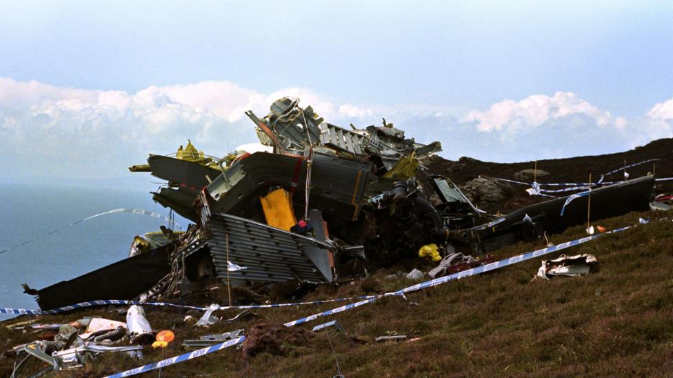 File photo dated 04/06/94 of the wreckage of the RAF Chinook helicopter, which crashed on the Mull of Kintyre on June 2, 1994 killing all 29 on board, including 25 top Northern Ireland security experts.