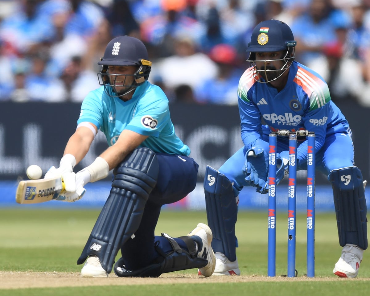 Joe Root plays a reverse sweep during the first ODI against India at Edgbaston
