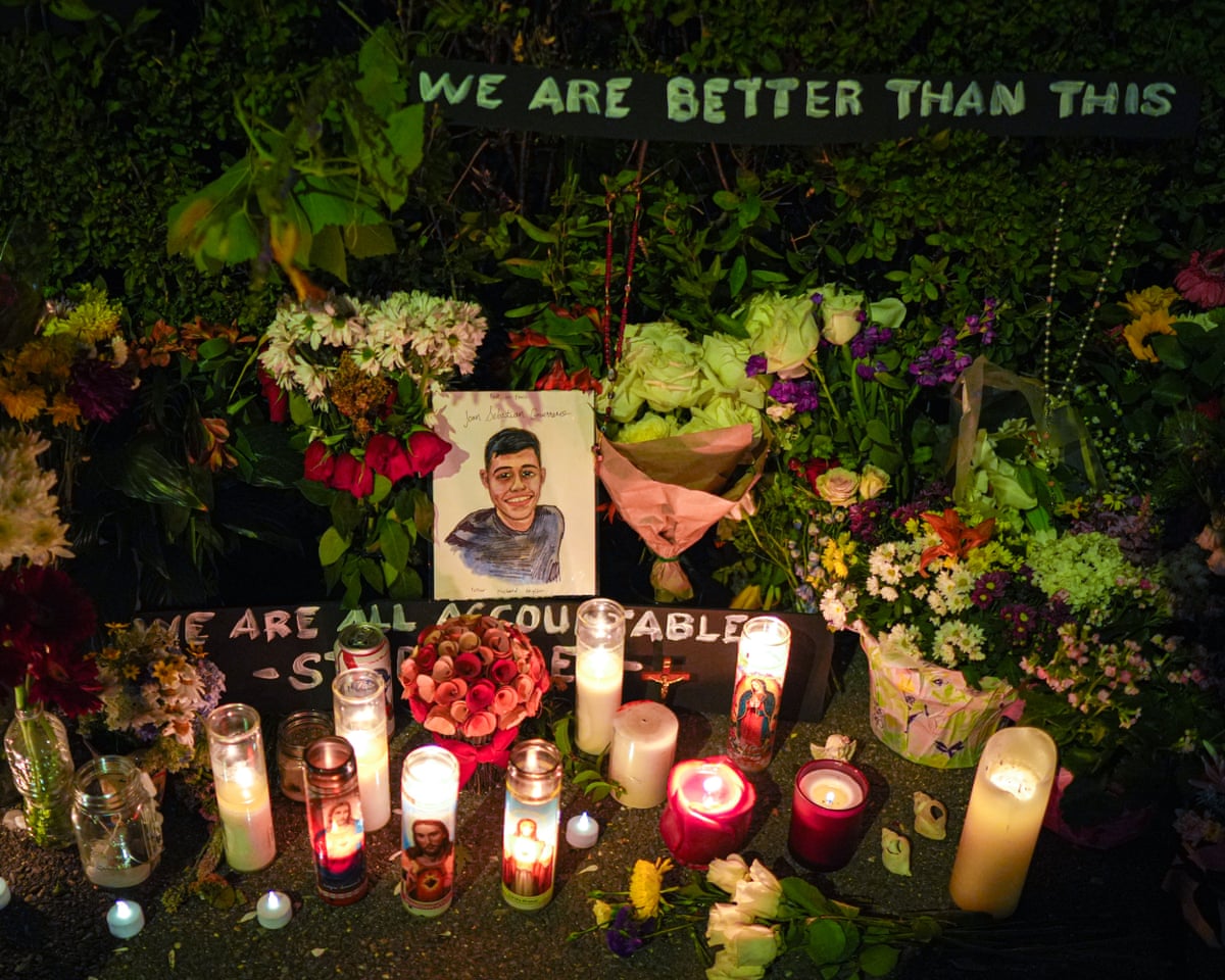 A makeshift memorial for Joan Sebastian Guerrero, who was fatally shot by ICE agents in Biddeford, Maine.