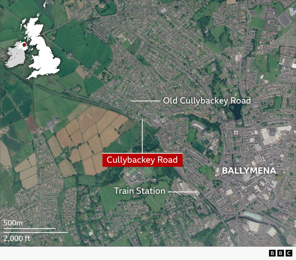 A Google Earth map showing Ballymena and the location of Cullybackey Road.