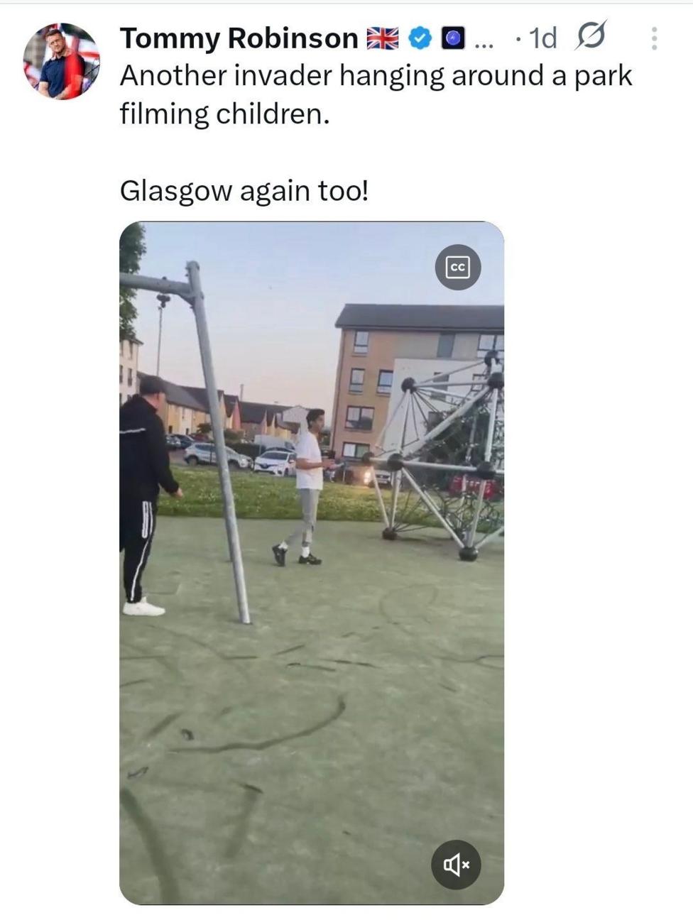 A grab of an X post by Tommy Robinson. The image shows a man in a children's playpark and Robinson comments