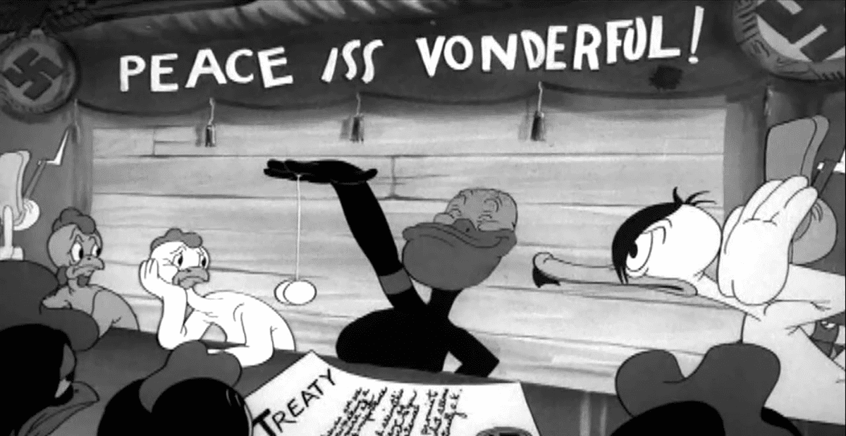 A black and white image of a cartoon dictator surrounded by an angry vulture and a tired chicken