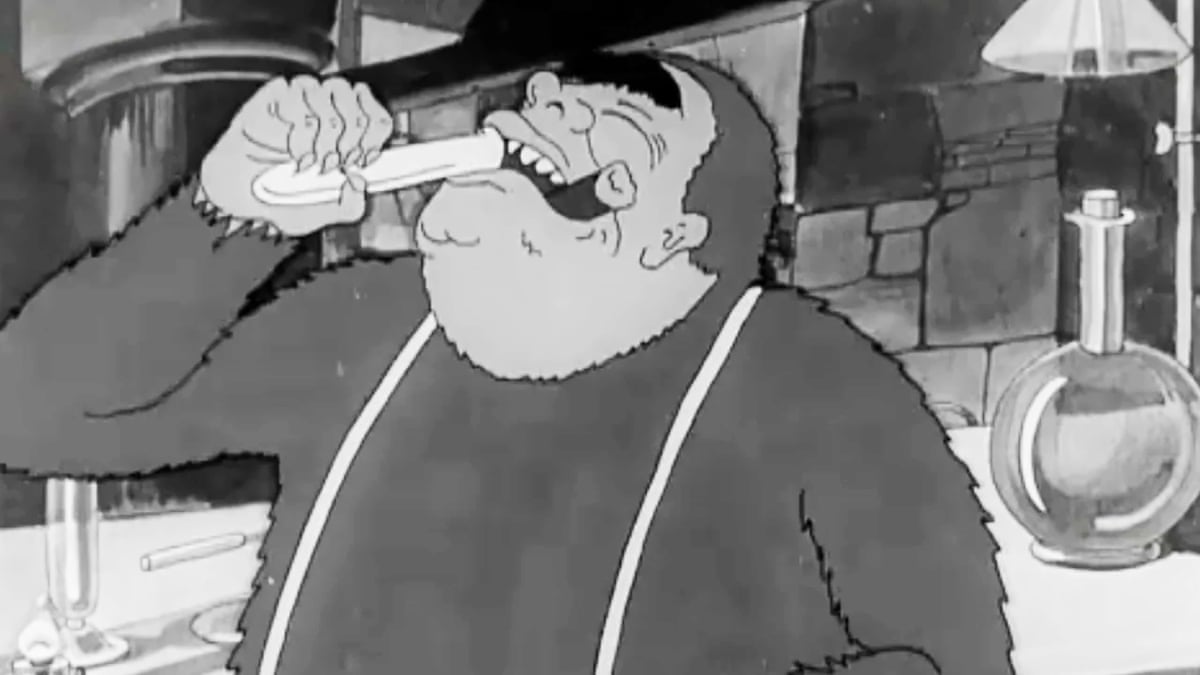 A black and white cartoon of a caricature of Winston Churchill with a white stick in his mouth