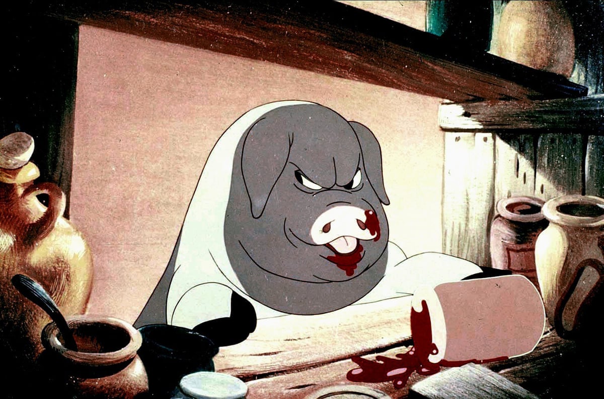 A cartoon image of a huge angry pig sitting at a table with a pot beside him