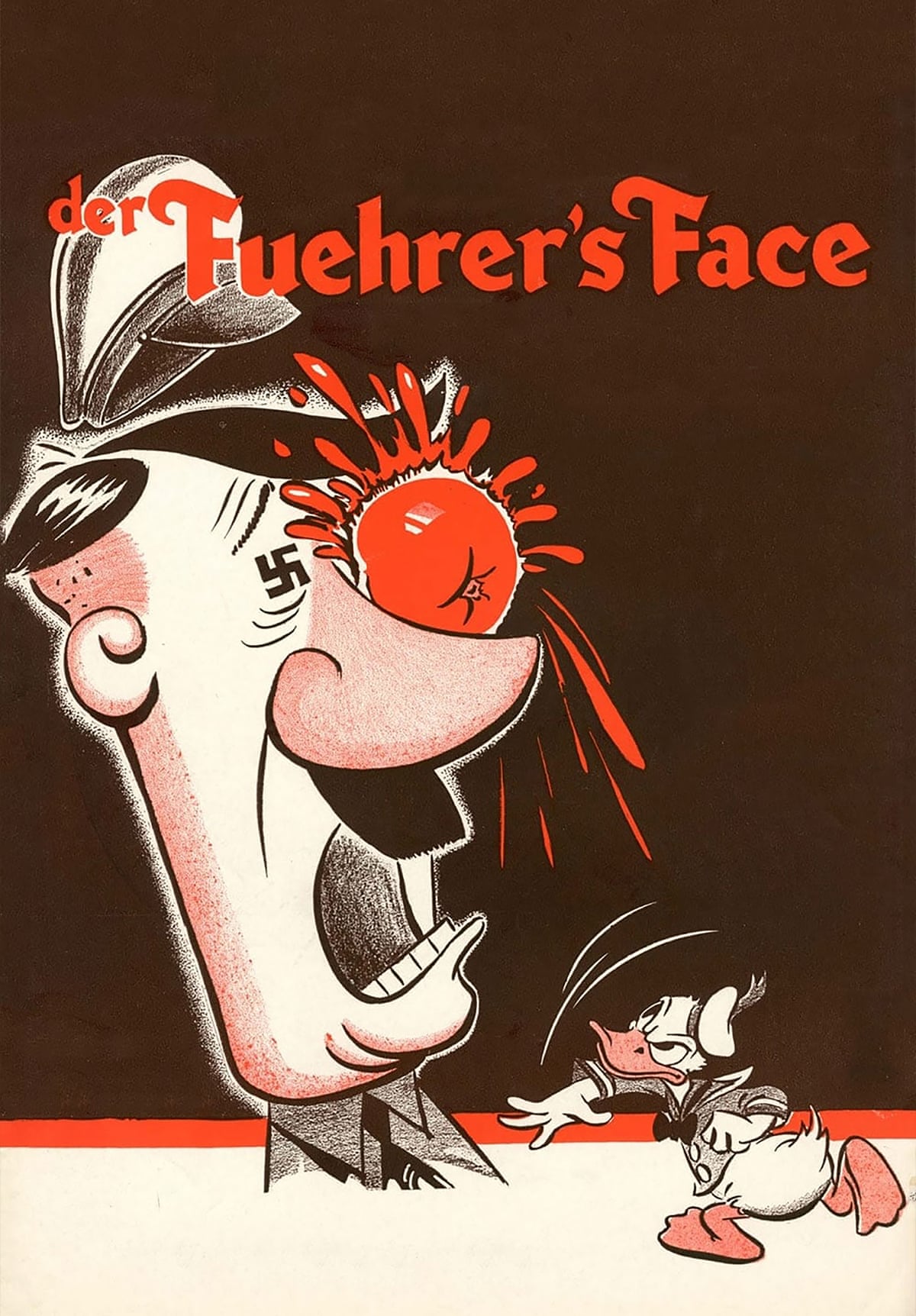 Donald Duck throws a tomato at the face of Adolf Hitler