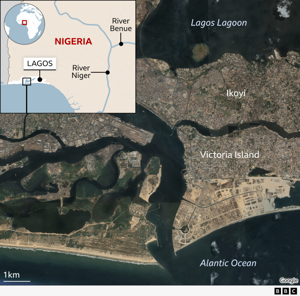 A satellite image of Lagos, showing the Atlantic Ocean, the Lagos lagoon and Ikoyi and Victoria islands